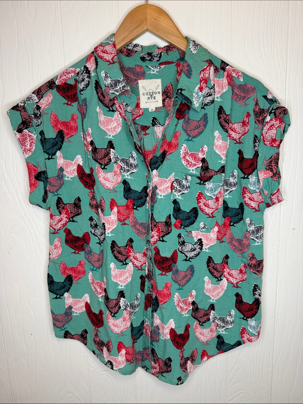 Cotton RYE Green Button-Up Chicken Print Short Sleeve Top M